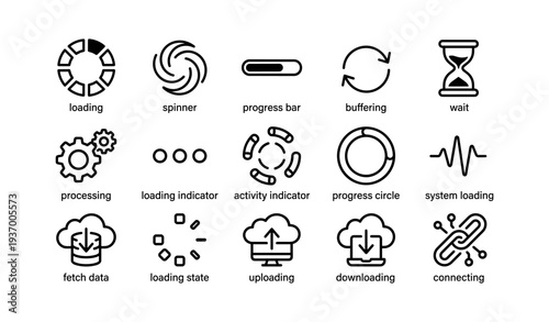 Loading and progress icons: variety of ui indicators for digital interfaces