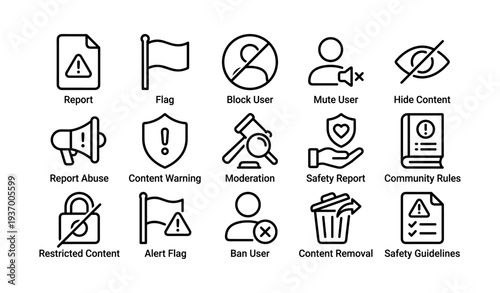 User interface icons: reporting, moderation, safety, and content management symbols