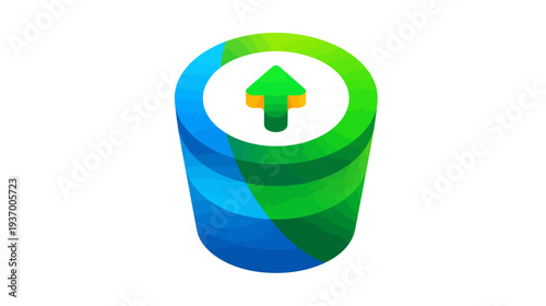 A vibrant, abstract illustration featuring an upward-pointing green arrow on a layered, cylindrical form