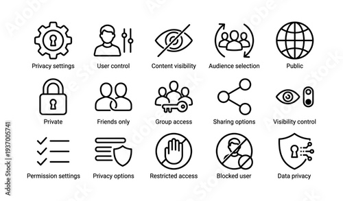 Privacy and access control icon set for user and data management