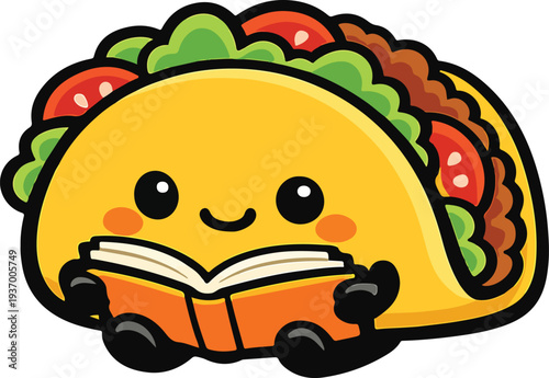 Smiling kawaii taco character sitting and reading an orange book
