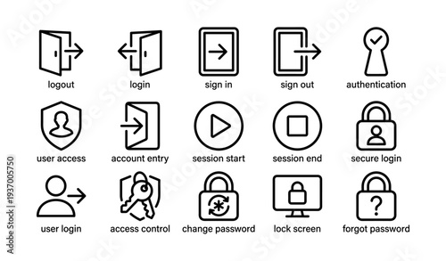 Login and security icons set featuring access, passwords, and user authentication
