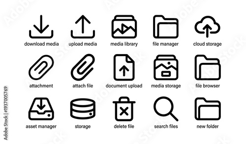 File management icons: download, upload, storage, and more