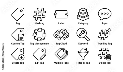 Set of tag and label icons in minimalist black and white design