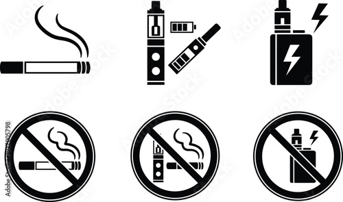 No smoking and vaping prohibition icons collection, health restriction symbols, public signage graphics, cigarette ban illustration, vape control essentials