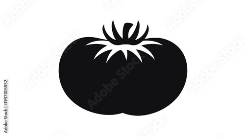 A simple, black silhouette of a ripe tomato against a stark white backdrop