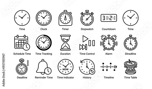 Clock and timer icons: stopwatch, countdown, alarm, and schedule symbols