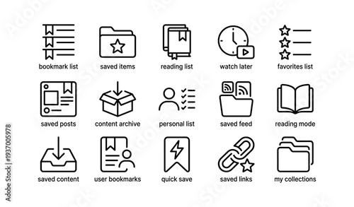 Bookmark and save icons: organization and content management symbols