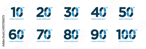 Set of 10 to 100 anniversary celebration logo design, Number text 10 to 100 years bithday party festival holiday logo icon concept