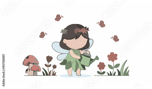 Cute garden fairy watering flowers cartoon vector illustration
