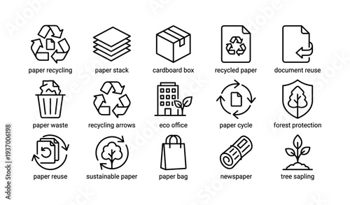 Eco-friendly icons: recycling, paper, and sustainability concepts