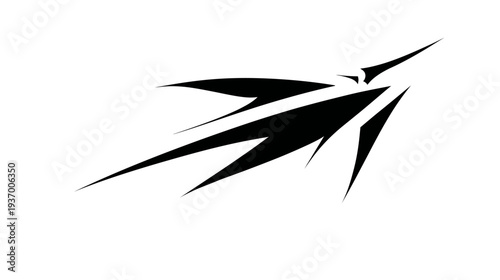 Black abstract design featuring sharp, angular elements resembling a stylized bird or arrow