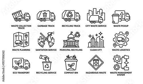 Urban waste management icons: collection, recycling, services, logistics, eco solutions