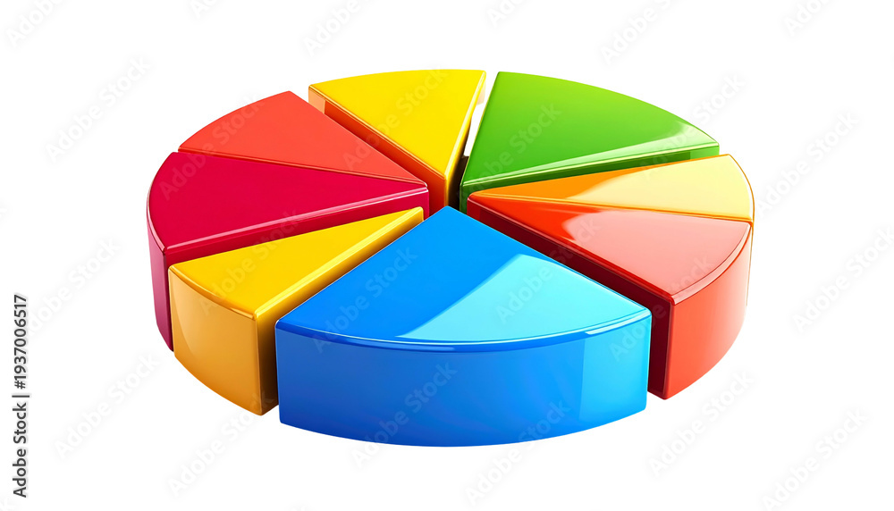 Obraz premium A glossy, colorful pie chart with eight segments, presented on a transparent background
