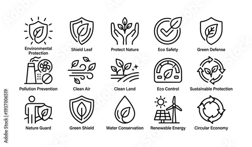 Environmental icons illustrating nature conservation and sustainability concepts
