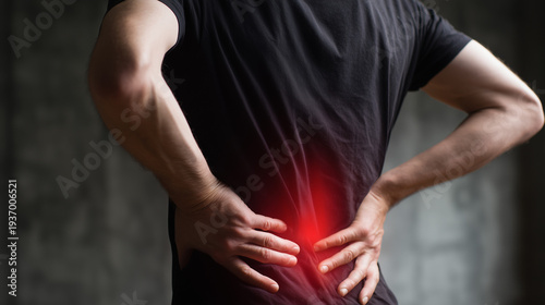 Close-up of a man holding his lower back, with the painful area highlighted in red. A man suffering from lower back pain. Lower back pain, lumbar spine injury, muscle strain, chronic back pain