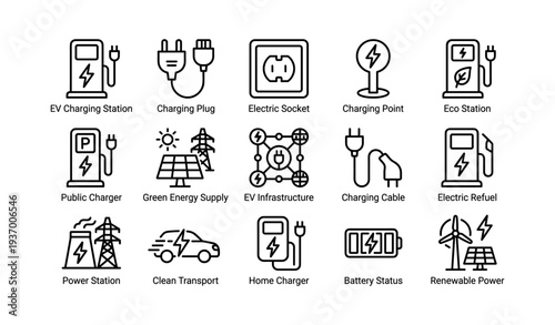Ev charging icons set: stations, plugs, renewable power, infrastructure, sustainability