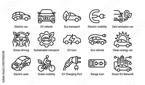 Electric vehicle icons set: eco transport, mobility, charging, sustainability
