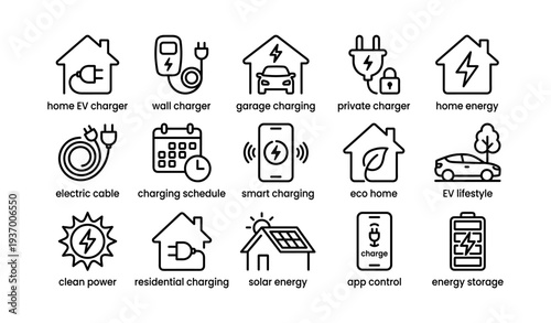 Electric vehicle icons: charging, energy solutions, smart tech