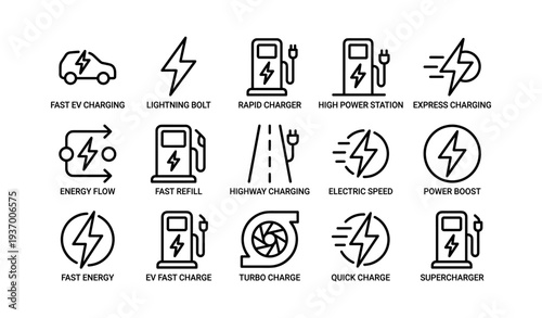 Electric vehicle charging and symbols: fast charging, energy, bolt icons