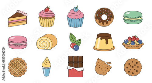Set of Sweet Dessert Icons with Cakes, Pastries, and Chocolate in Flat Cartoon Style