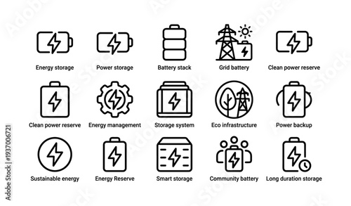 Energy storage icons for power management and sustainability solutions