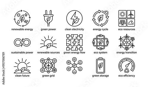 Renewable energy icons: green power and eco efficiency symbols