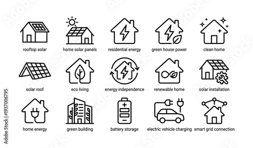 Home energy icons: solar panels, renewable power, eco living, smart tech, green buildings