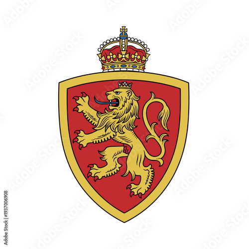A golden lion rampant on a red shield topped with a royal crown