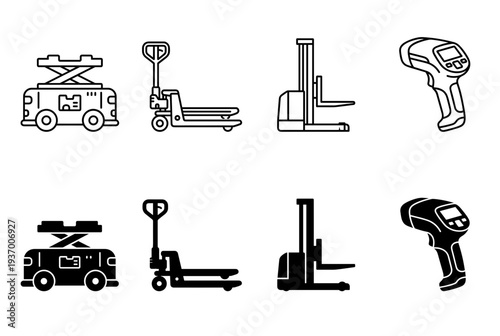 Industrial Warehouse Automation and Handling Equipment Icons Set with Automated Guided Vehicle Pallet Jack Stacker and Handheld Barcode Scanner Tools