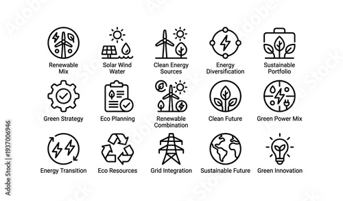 Sustainable energy icons: renewable mix, green strategy, eco planning, clean future