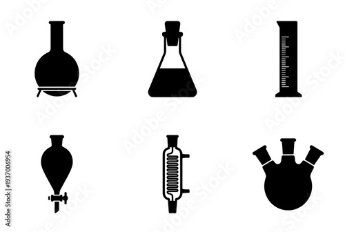 Laboratory glassware set icon collection with flask beaker graduated cylinder separator funnel condenser and three neck flask for chemistry research