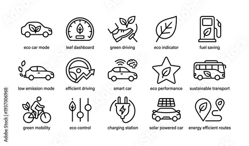 Eco-friendly transport icons: efficient, sustainable, green solutions for driving and mobility