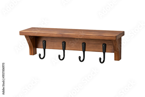wooden wall shelf with hooks isolated on transparent background