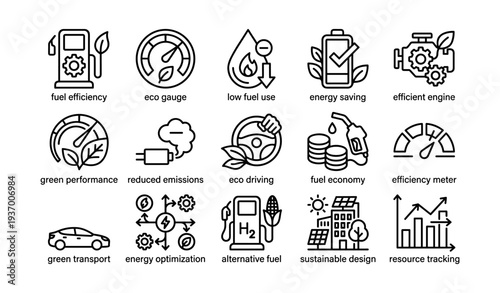 Eco-friendly automotive icons focusing on fuel efficiency and sustainable design