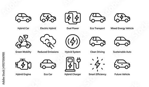 Icons of eco-friendly vehicles and sustainable transportation solutions