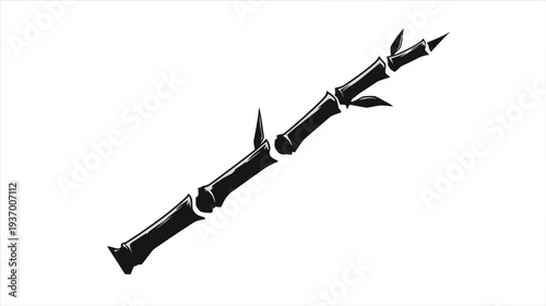 A diagonal, monochrome illustration of a segmented bamboo stalk. Leaves and thorns are shown