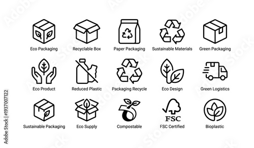 Eco-friendly packaging icons: recyclable, sustainable, green, compostable, certified