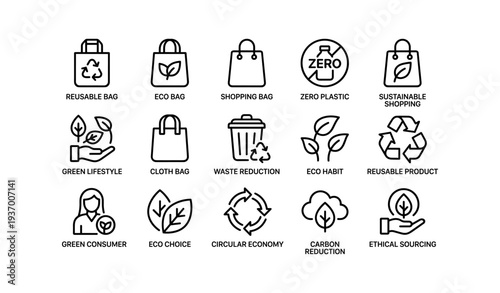Eco-friendly icons: reusable bags, zero plastic, green lifestyle, circular economy symbols
