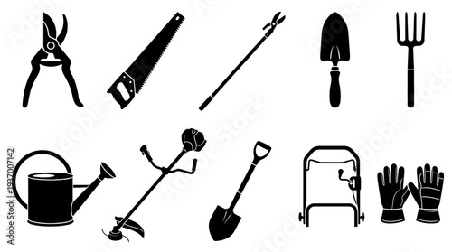 Professional Gardening and Landscaping Hand Tools Silhouette Set with Pruners Saw Trowel Rake Watering Can Lawnmower and Gloves for Outdoor Yard Work