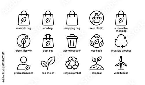 Sustainable shopping icons: eco-friendly practices and zero waste lifestyle
