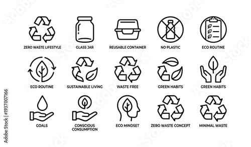 Sustainability icons for zero waste lifestyle and eco-friendly habits