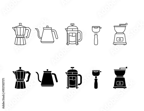 Manual Coffee Brewing Equipment Icon Set with Moka Pot Goose Neck Kettle French Press Portafilter and Coffee Grinder in Line and Silhouette Vectors
