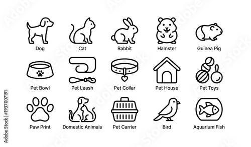 Pet icon set: dog, cat, rabbit, hamster, pet supplies including bowls and carriers