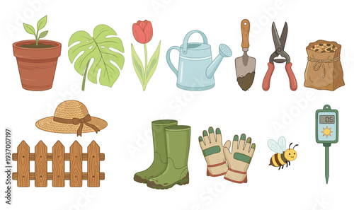 Colorful Hand Drawn Gardening Illustration Set with Potted Plants Watering Can Trowel Pruners Soil Boots Gloves and Garden Bee for Spring Seasonal Design