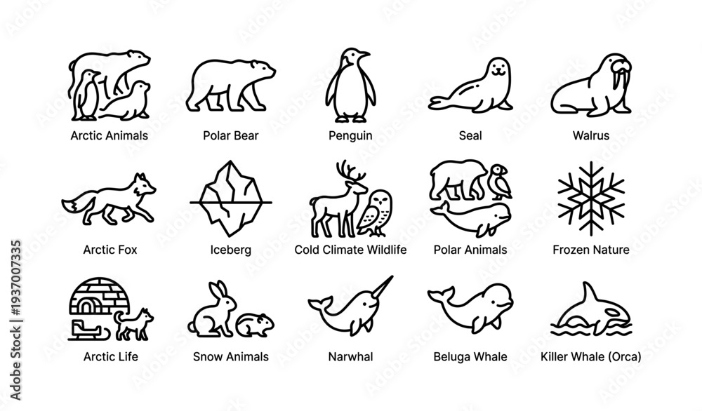 Fototapeta premium Arctic animals icon set featuring polar bear, penguin, seal, walrus, arctic fox, and more