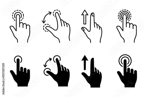 Various touch screen finger gestures icons set showing tap, double tap, scroll, swipe and zoom in black and outline versions for mobile interface guide.