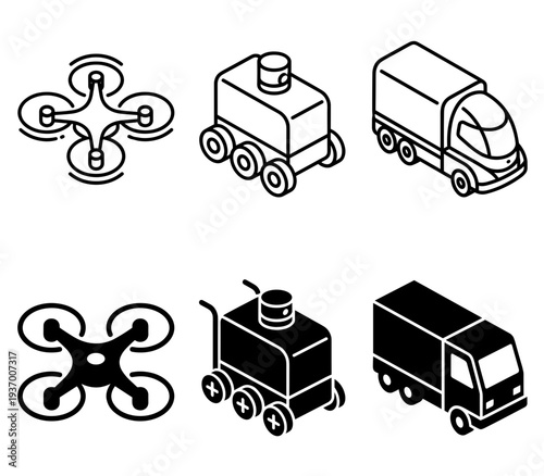 Autonomous delivery vehicles collection including drone quadcopter, sidewalk robot and self-driving truck in isometric line and solid style for future logistics.