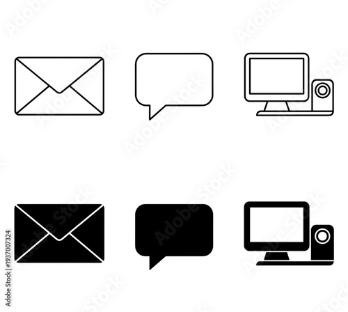 Communication and computing icons set featuring envelope for email, speech bubble for chat and desktop computer monitor for technology and work concept.