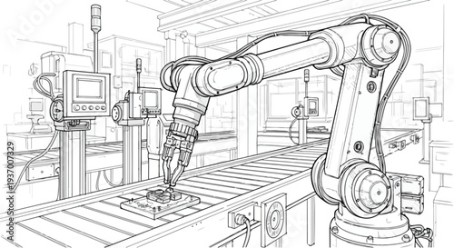 Industrial robotic arm factory assembly sketch art